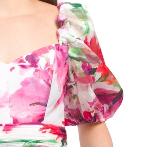 theia Oeganza Multi Floral Print Tea Leght Cocktail Dress - Picture 5 of 17